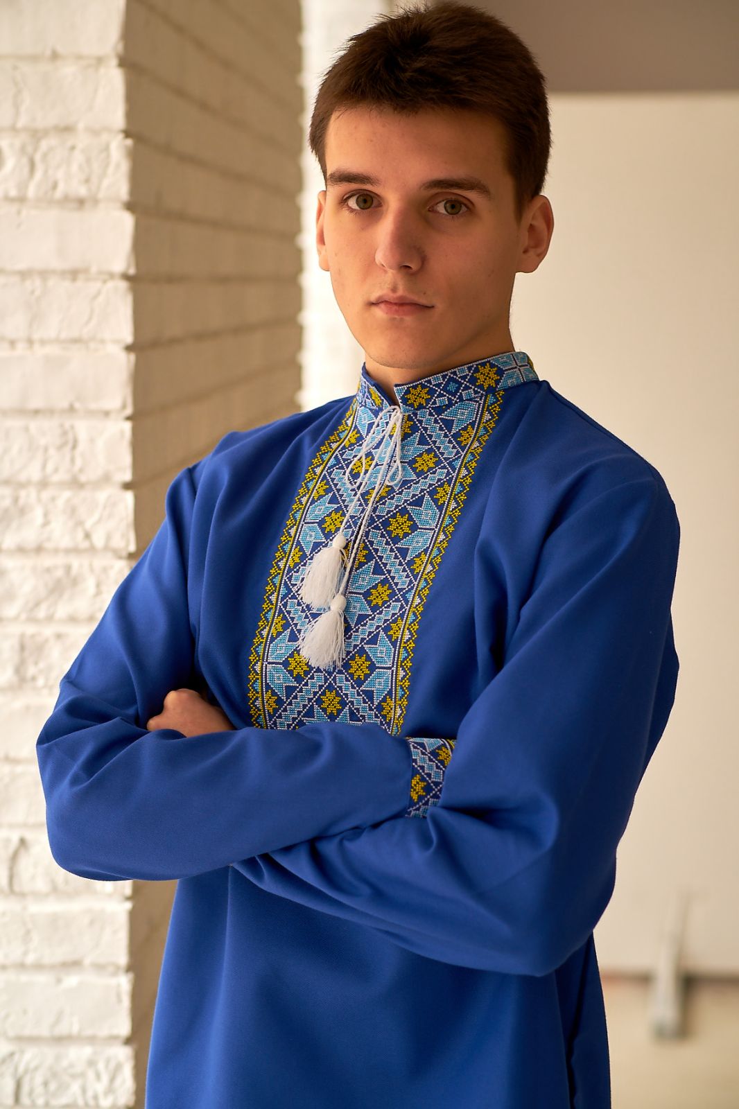 Men's blue Vyshyvanka with blue and yellow embroidery
