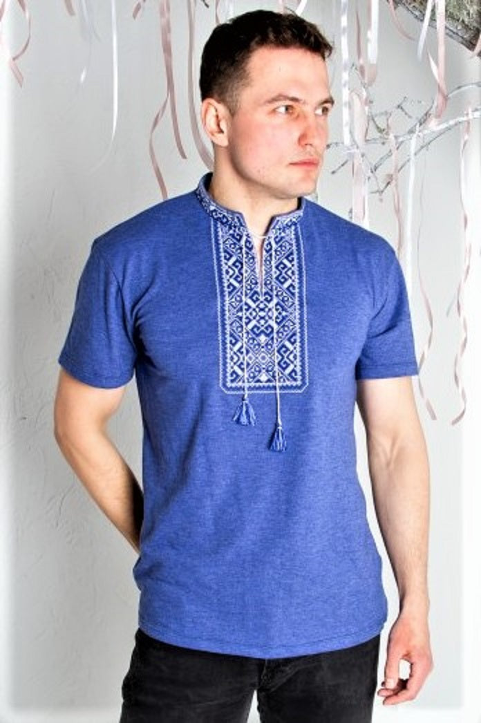 Men's short sleeve blue shirt with white embroidery "Ridna"