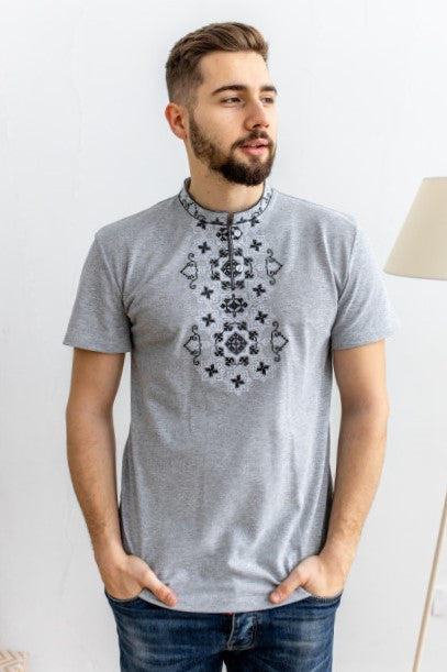 Men's short sleeve grey shirt with black embroidery Zakhar