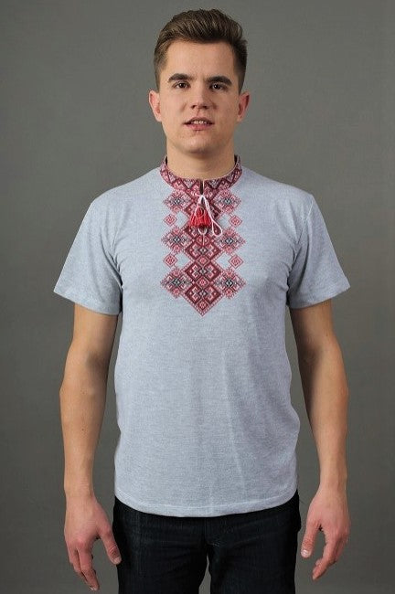 Men's short sleeve grey shirt with red embroidery "Bazhan"