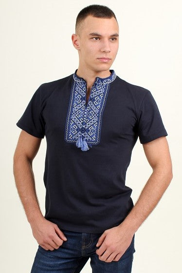 Men's short sleeve navy shirt with blue embroidery Ridna