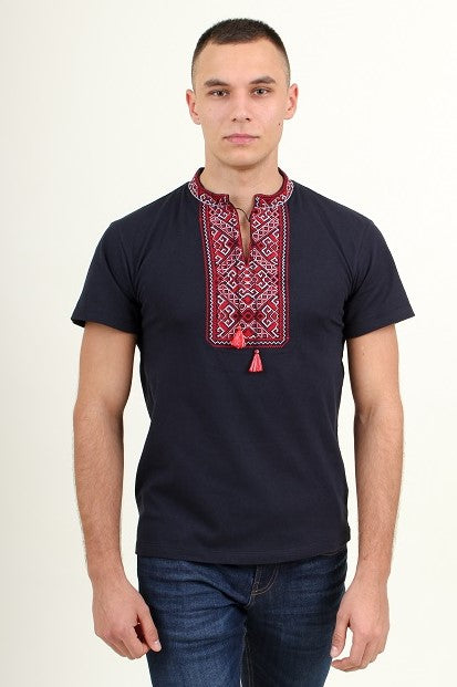 Men's short sleeve navy shirt with red embroidery Ridna