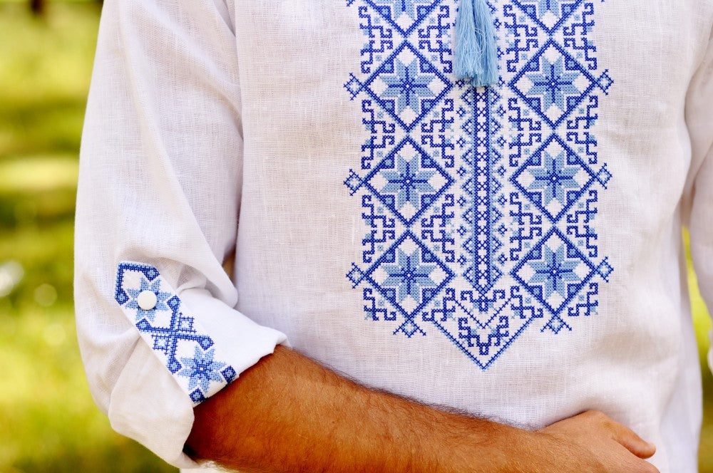 Men's Vyshyvanka. White shirt with blue embroidery