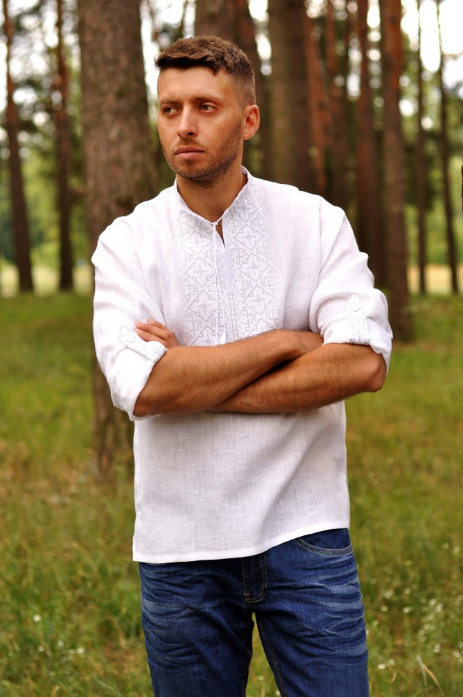 Men's Vyshyvanka. White shirt with white/silver embroidery