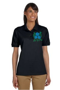 Black polo shirt with cross-stitch embroidery