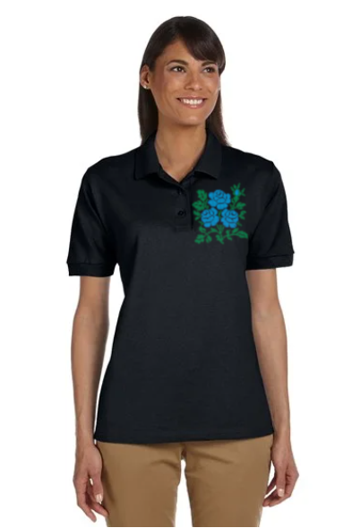 Black polo shirt with cross-stitch embroidery