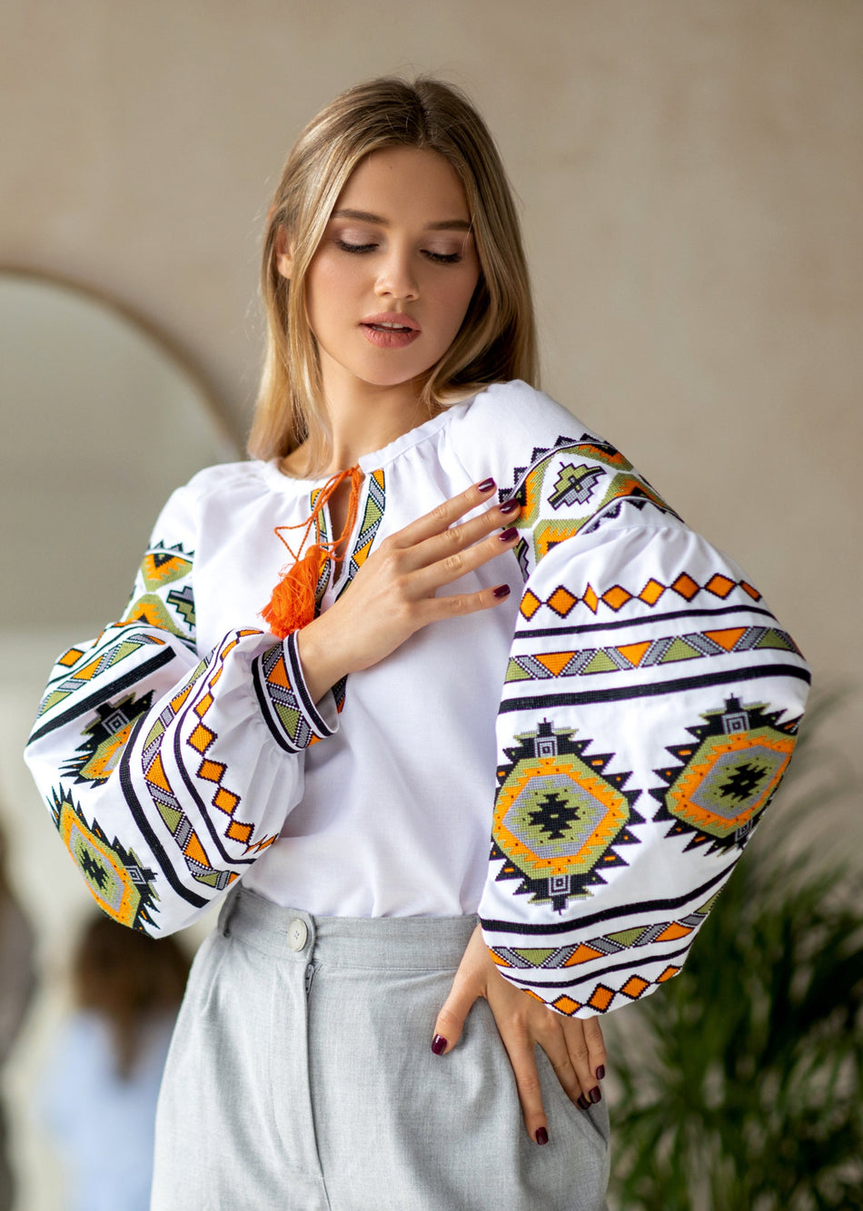 Ukrainian cotton blouse "Peremoha" Green and orange