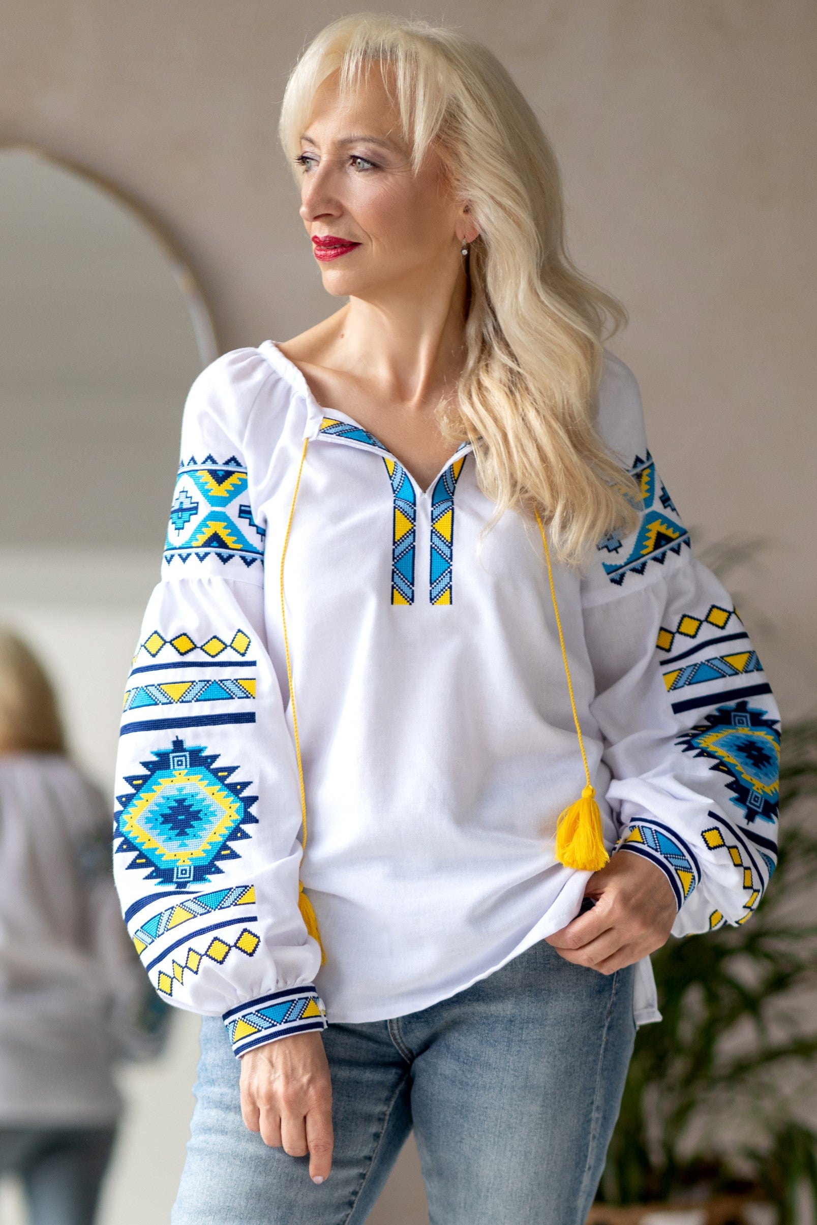 Ukrainian cotton blouse "Peremoha" Blue and yellow