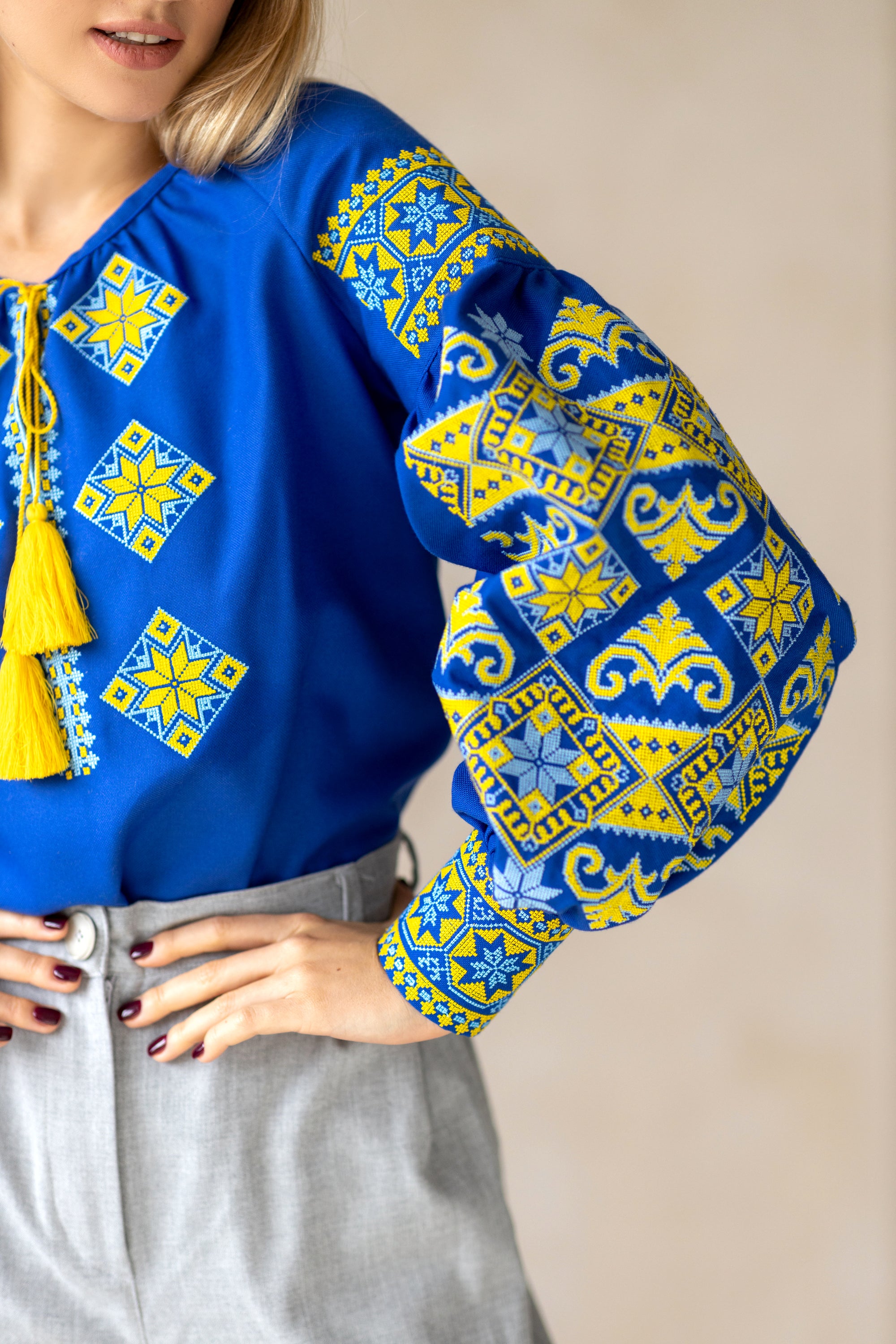 Ukrainian cotton blouse "Do Peremohy" blue