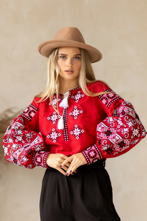 Ukrainian cotton blouse "Do Peremohy" red