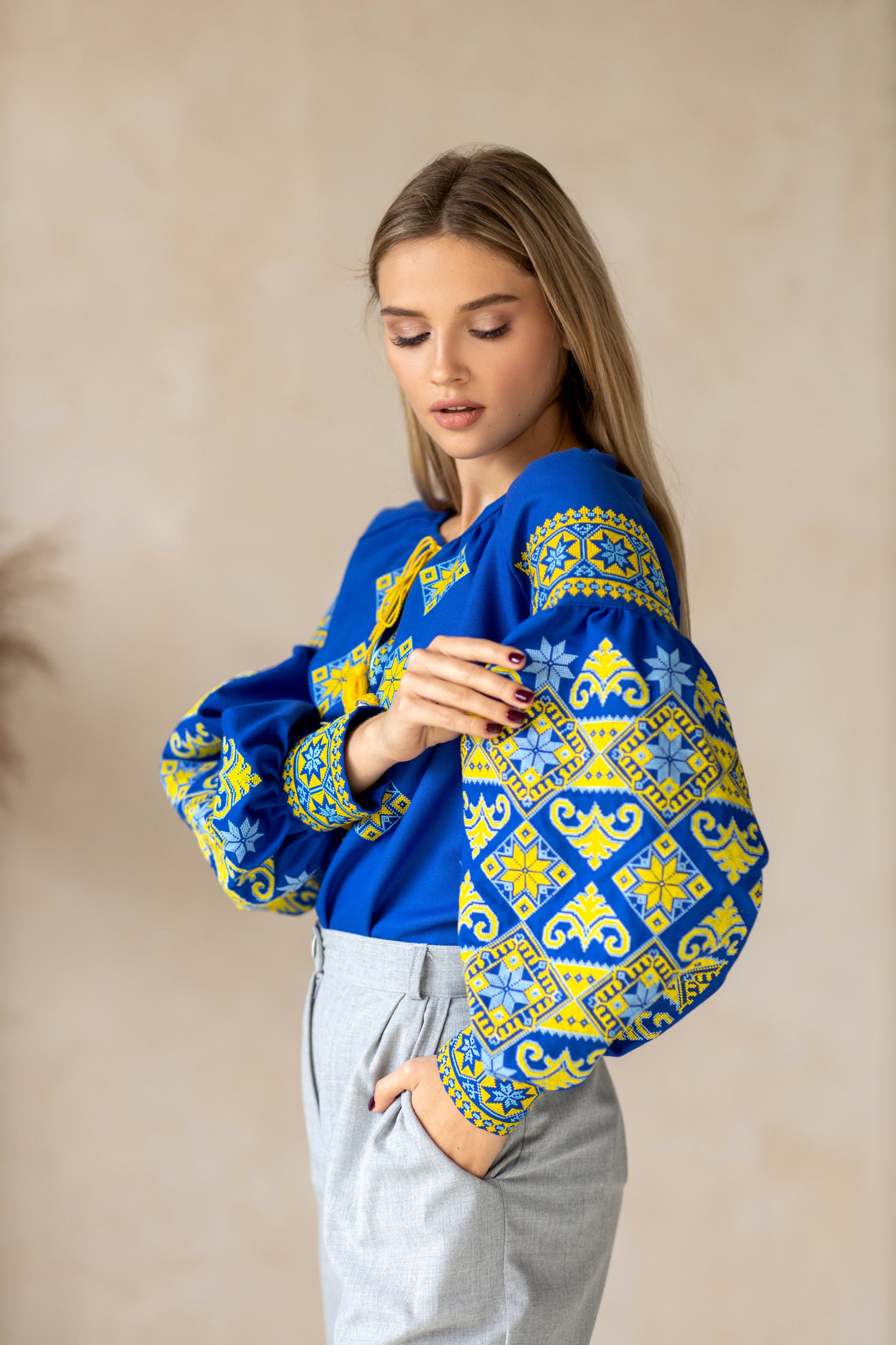 Ukrainian cotton blouse "Do Peremohy" blue