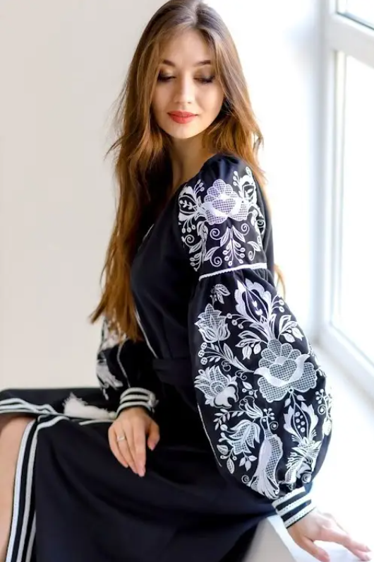 Ukrainian long embroidered dress "Roksolana" black