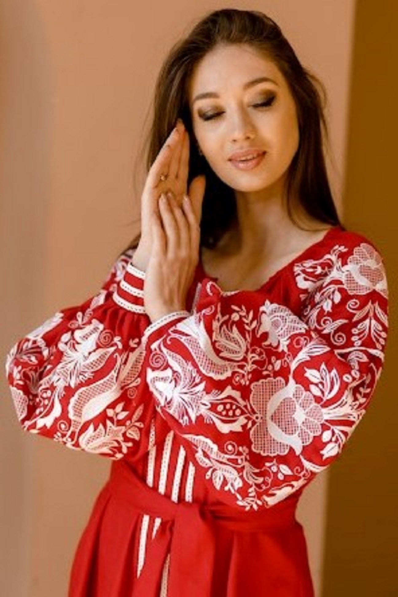 Ukrainian long embroidered dress "Roksolana" red