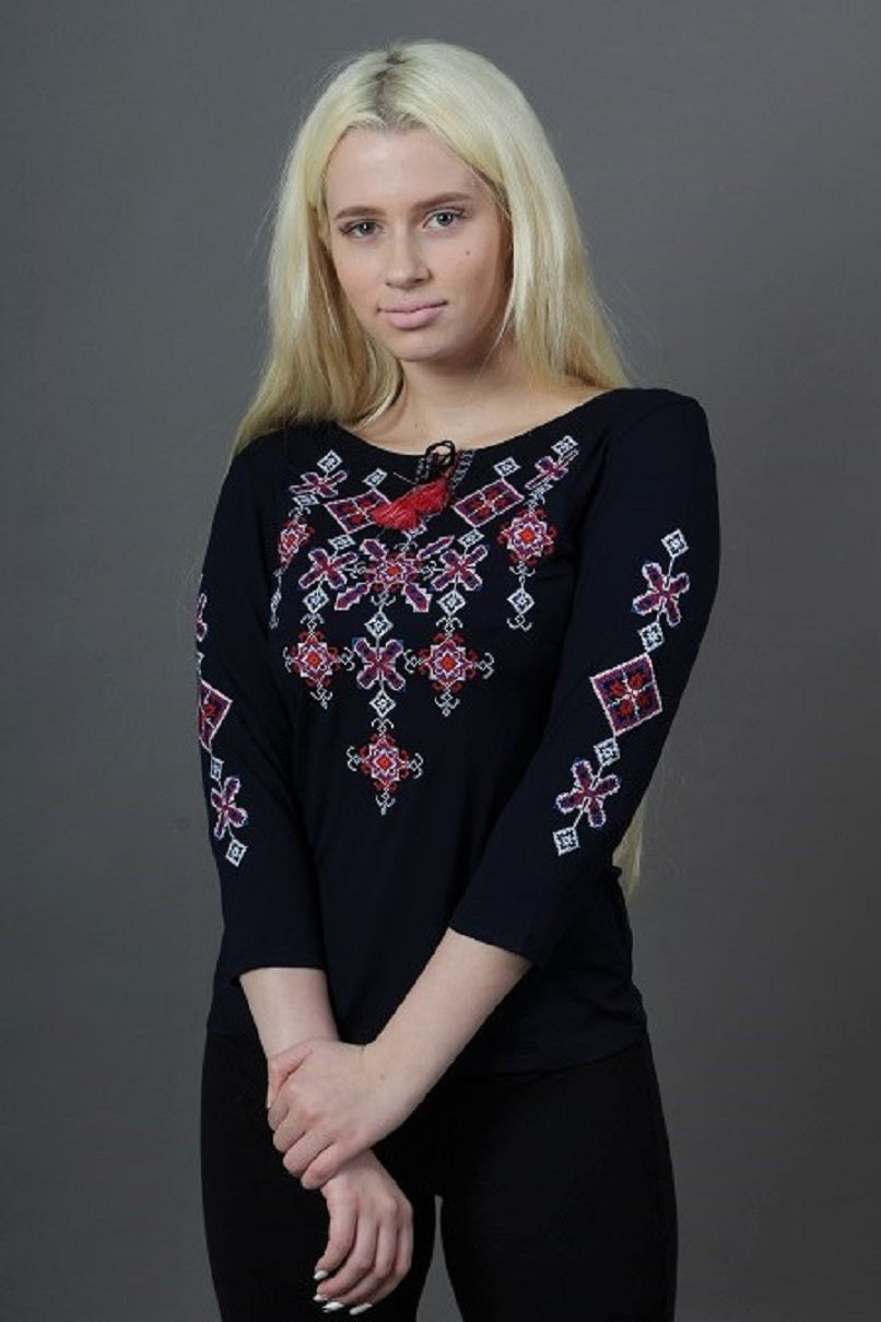 Women's 3/4 sleeve navy shirt with cross-stitch embroidery. Red
