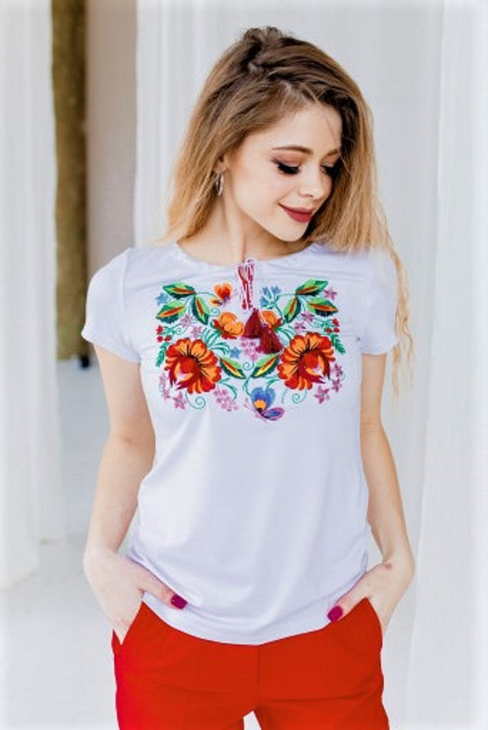 Women's short sleeve white shirt with floral embroidery "Petrykivka"