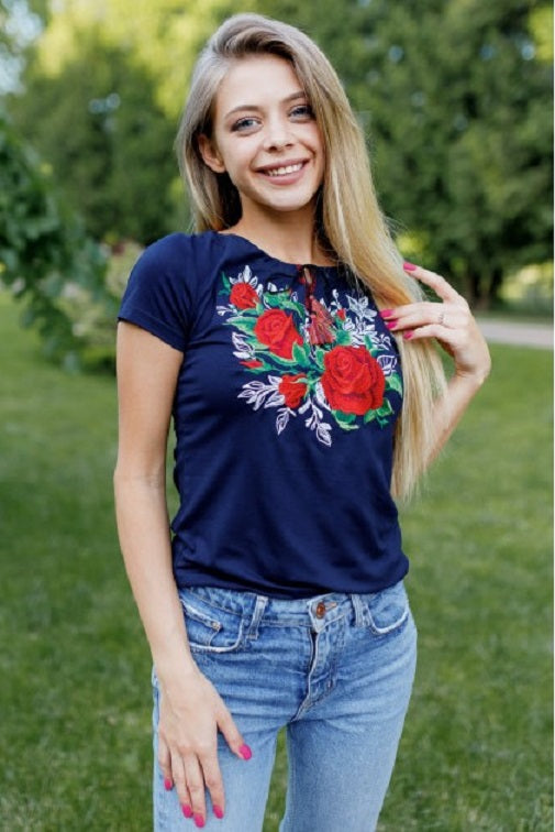 Women's short sleeve navy shirt with floral embroidery "Power of Roses"