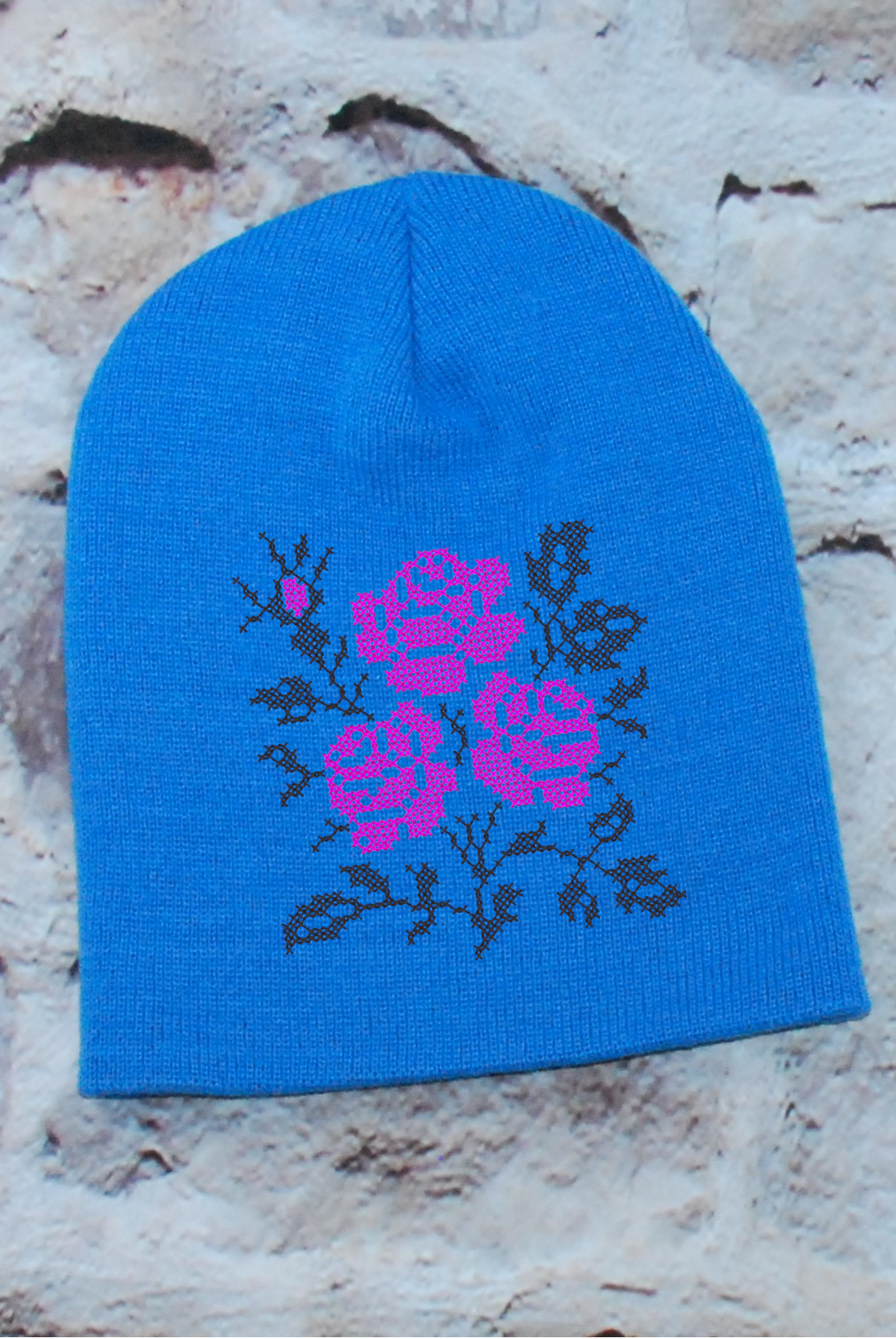 Knitted embroidered beanie hat "Roses" Blue