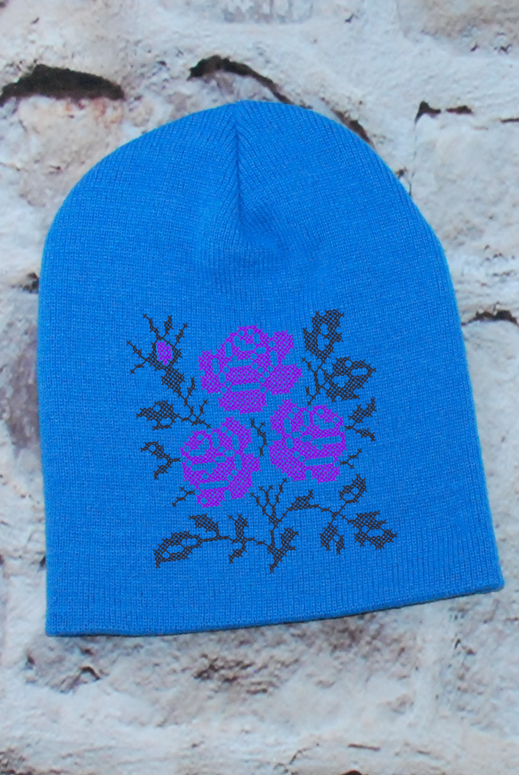 Knitted embroidered beanie hat "Roses" Blue