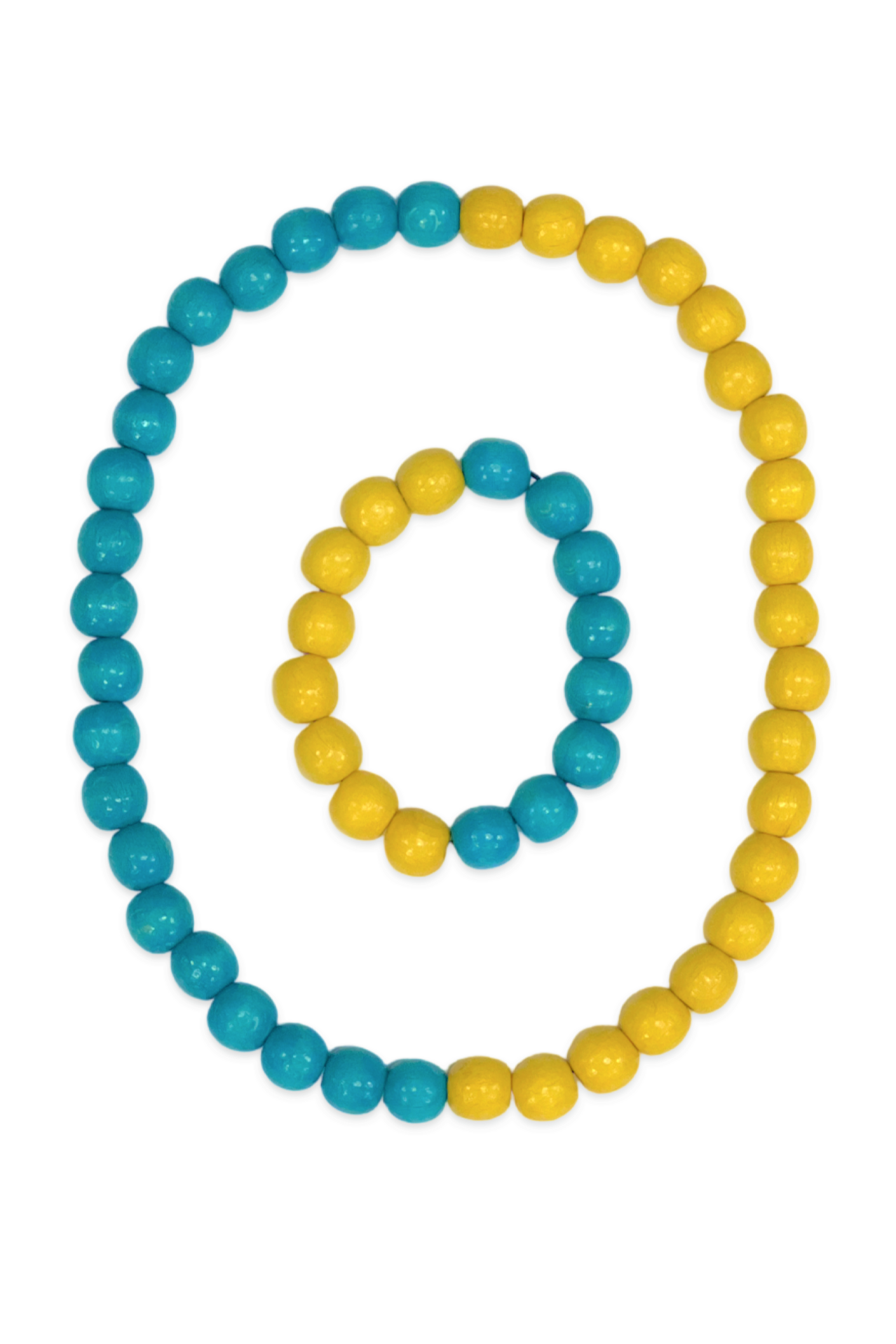 Artisan crafted wood-bead jewelry set. Blue and yellow