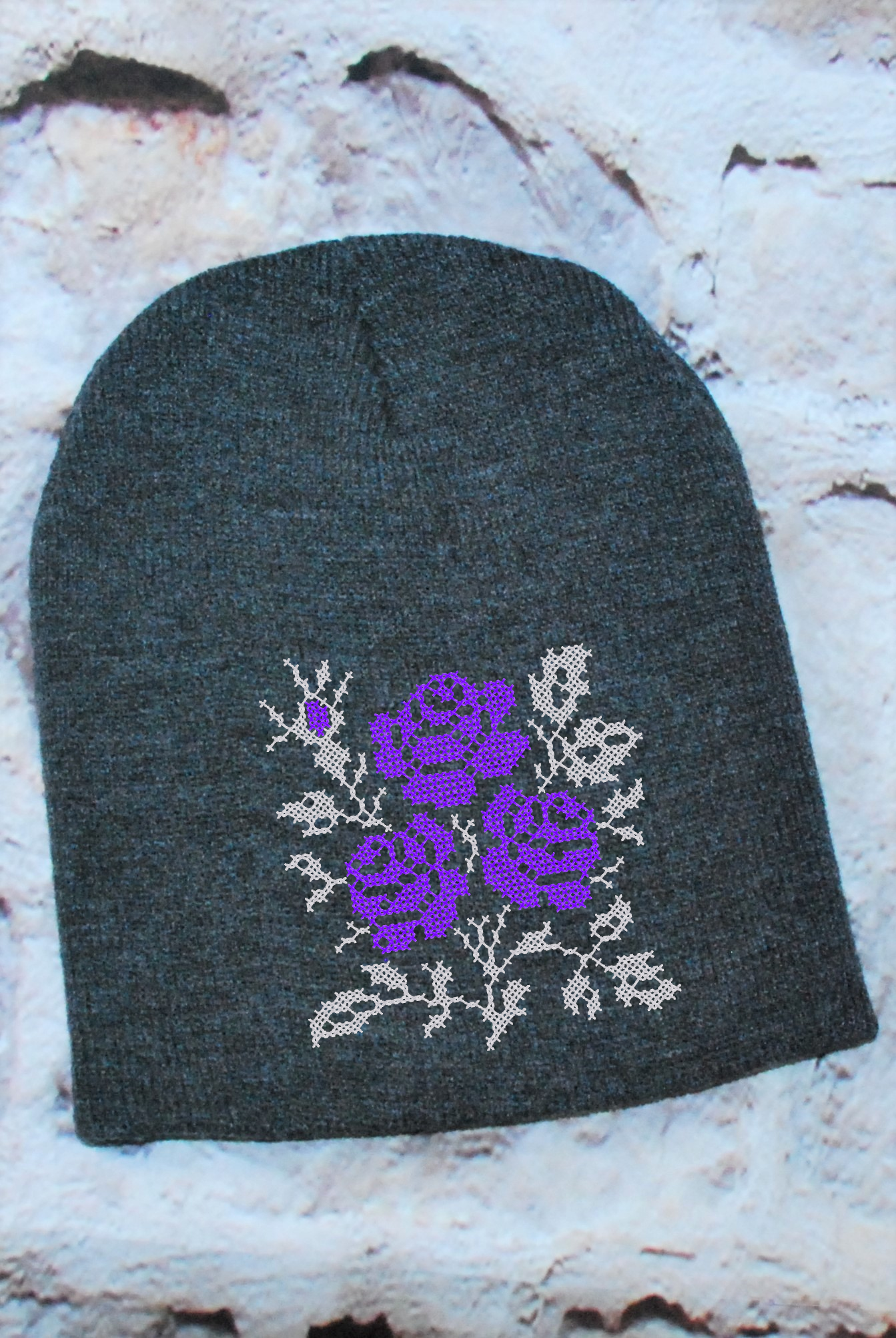Knitted embroidered beanie hat "Roses"