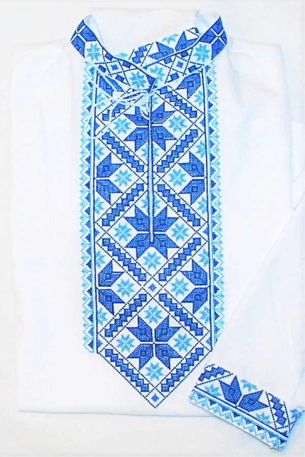 Men's white Vyshyvanka with blue embroidery Ukie Style