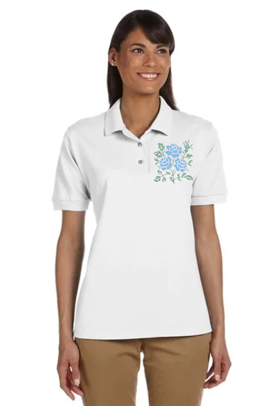Women's polo shirt "Cross stitch roses" white