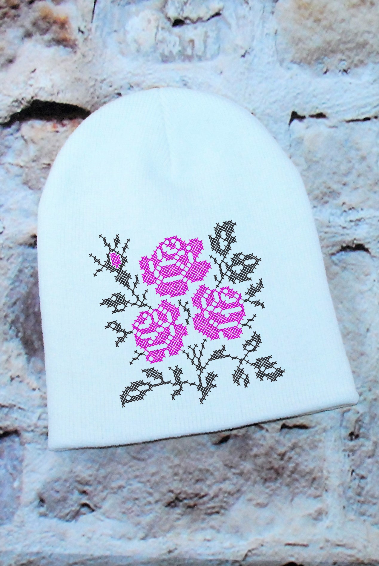 Knitted embroidered beanie hat "Roses"