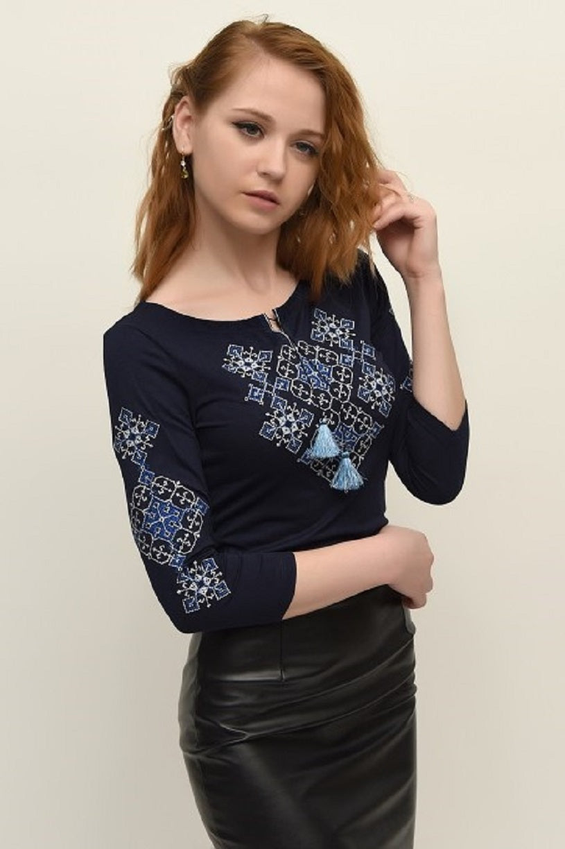 Women's 3/4 sleeve navy shirt with cross-stitch embroidery. Blue