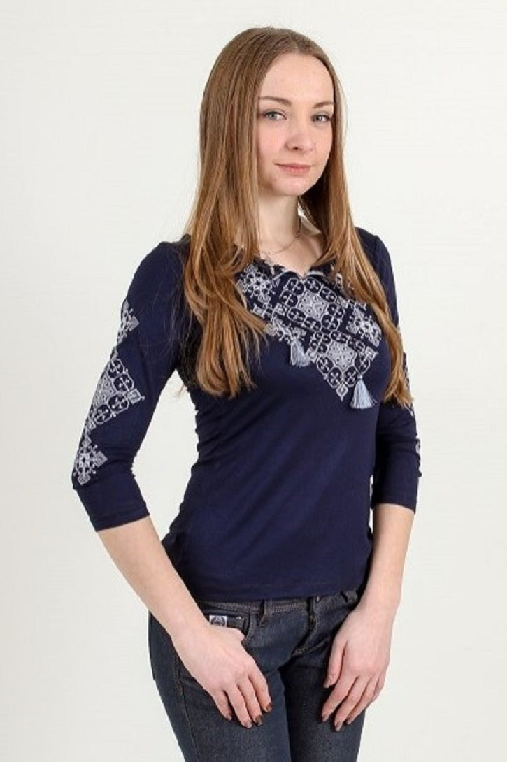 Women's 3/4 sleeve navy shirt with cross-stitch embroidery. Silver