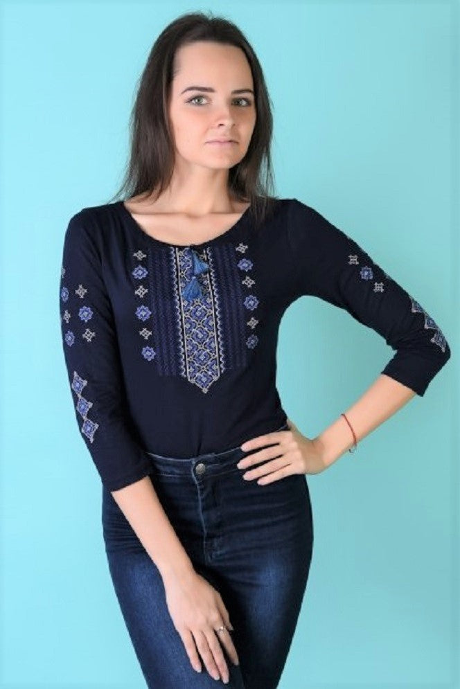 Women's 3/4 sleeve shirt with real embroidery "Lvivska". Blue