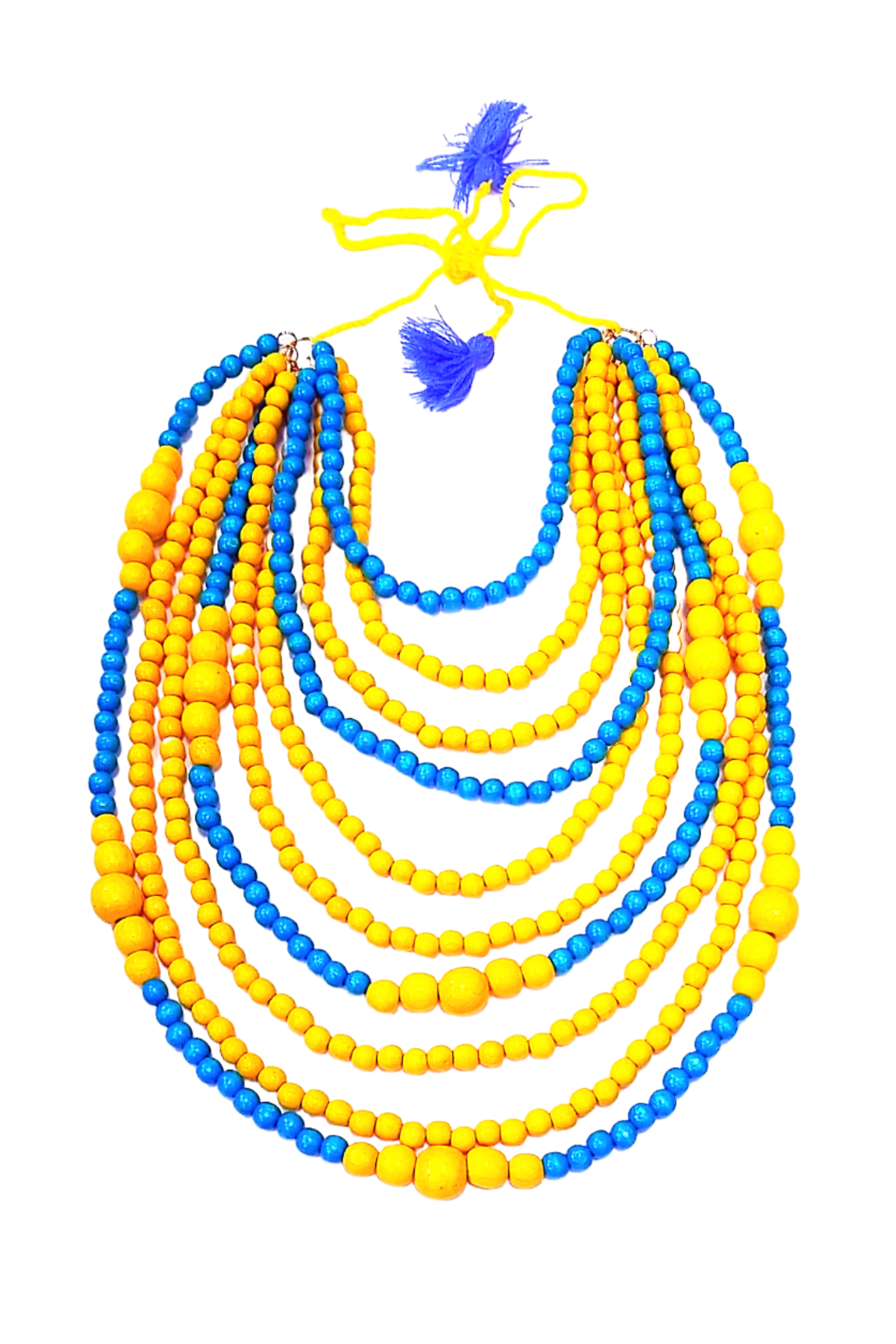 Artisan crafted wooden bead 10-strand necklace. Yellow and blue