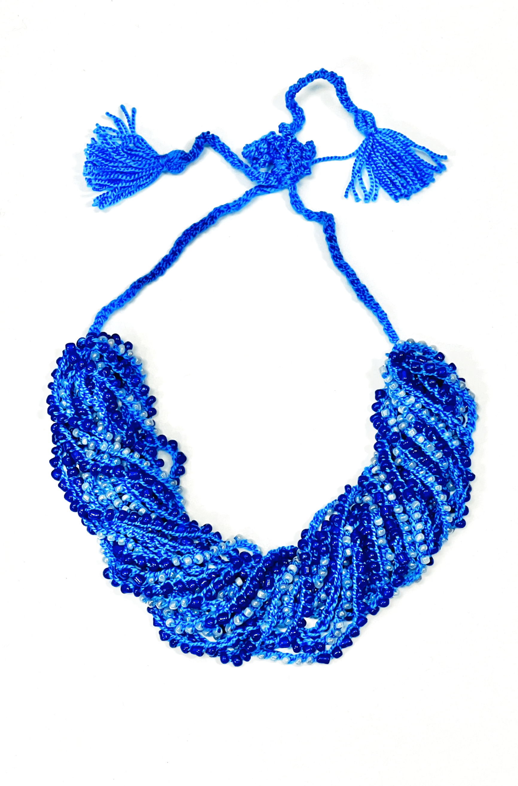 Artisan crafted woven bead necklace. Blue