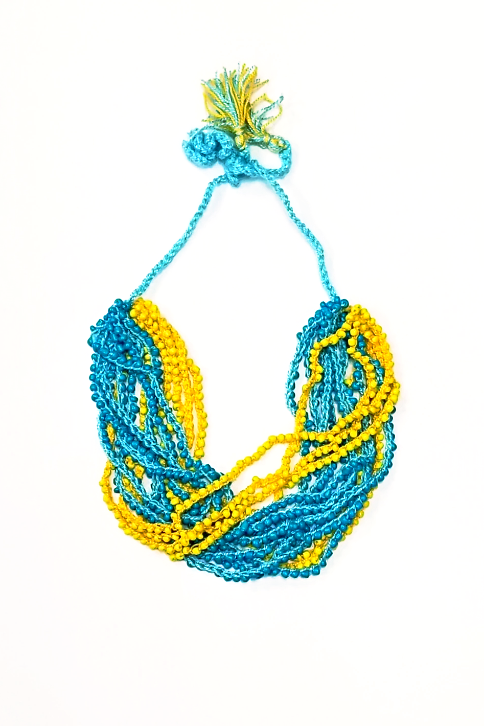 Artisan crafted woven bead necklace. Blue and yellow