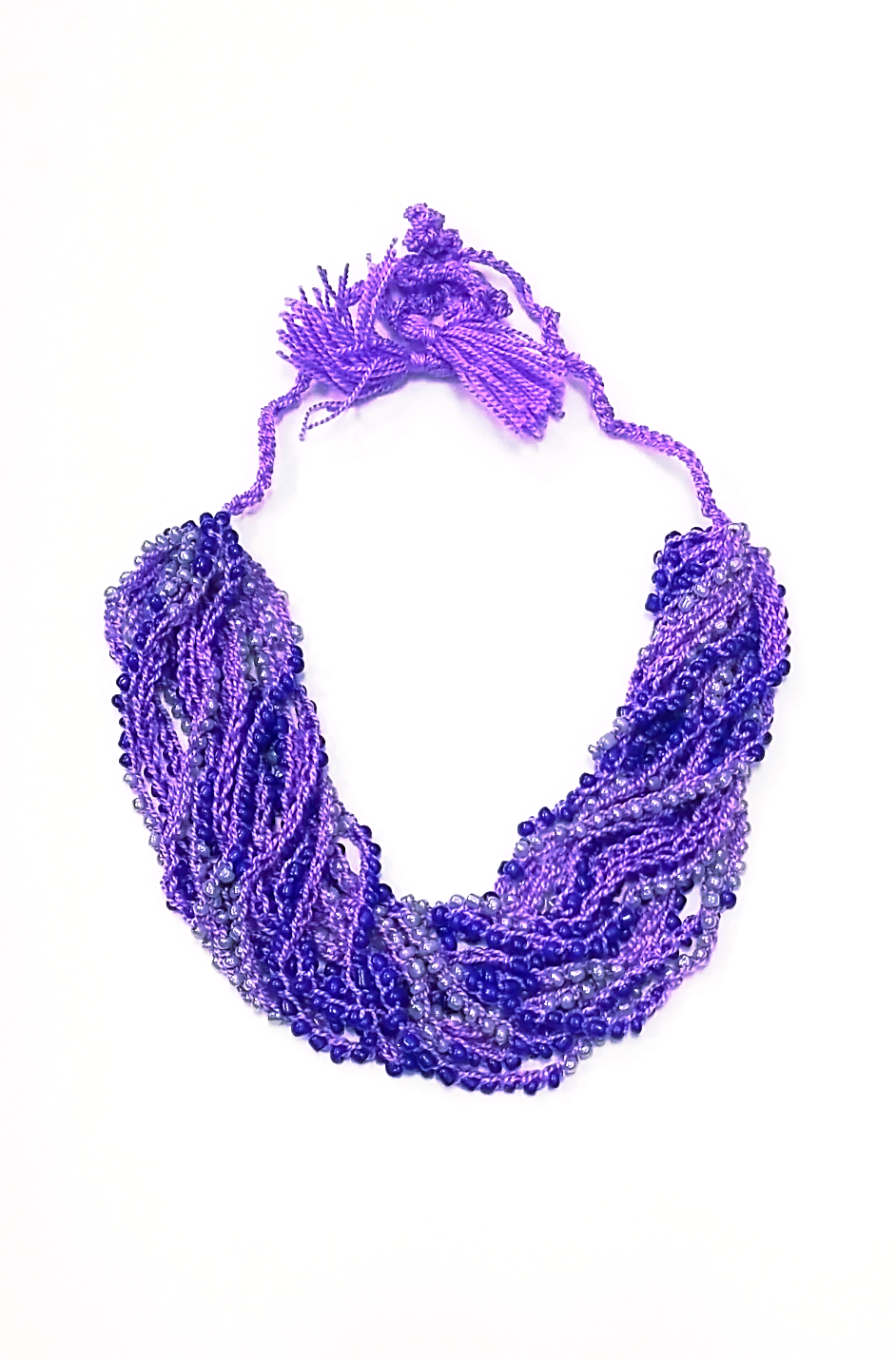 Artisan crafted woven bead necklace. Purple