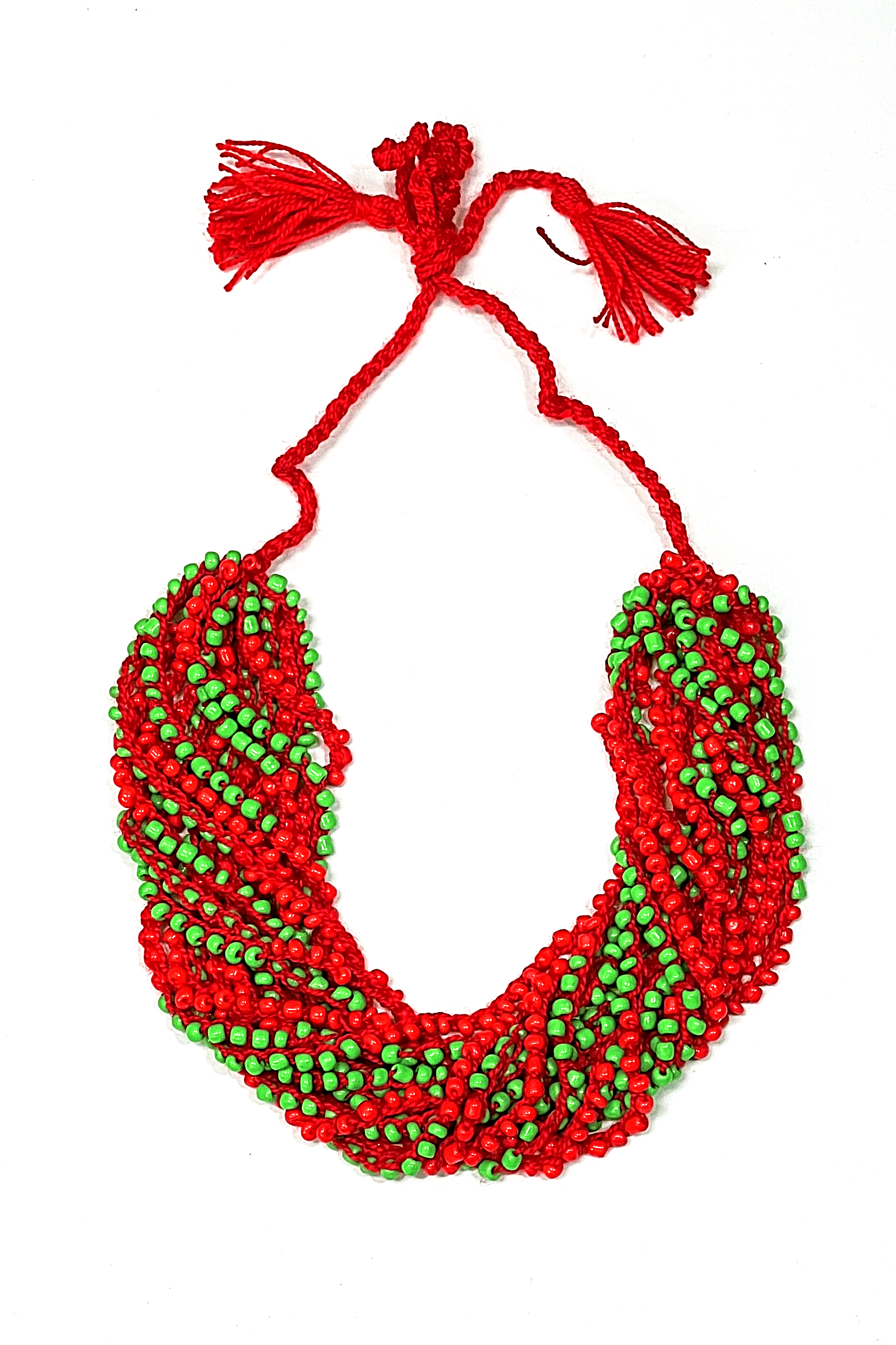 Artisan crafted woven bead necklace. Red and green